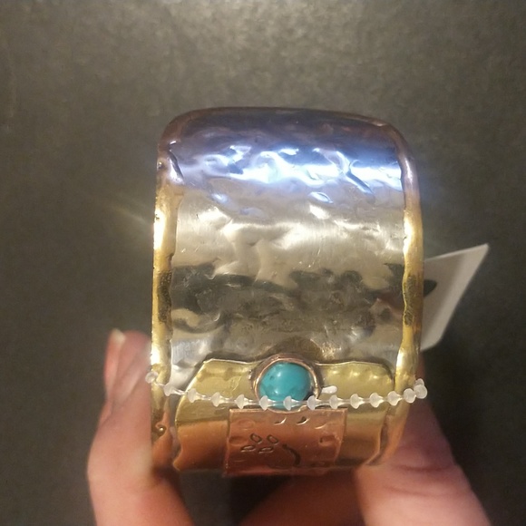 ICON Oversized Cuff Bracelet Metallic tooled metals w/ beaded accents BE STRONG! - Picture 6 of 9